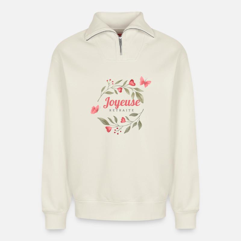 Joyeuse retraite - Sweat unisexe décontracté en coton biologique à demi-zip – de SPREAD - blanc cassé