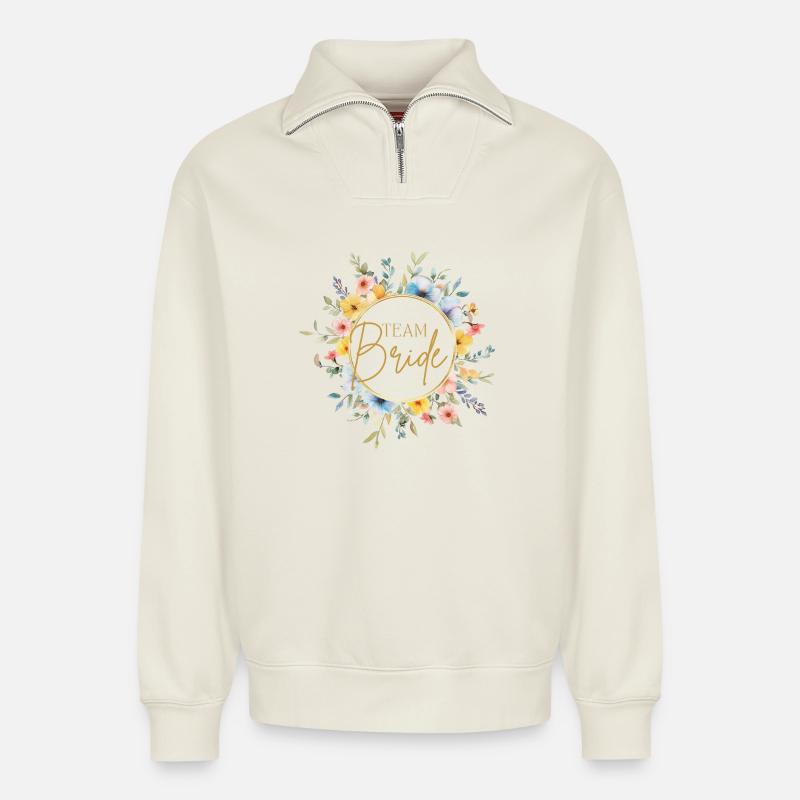 L’équipe Bride ! Personnalisable - Sweat unisexe décontracté en coton biologique à demi-zip – de SPREAD - blanc cassé