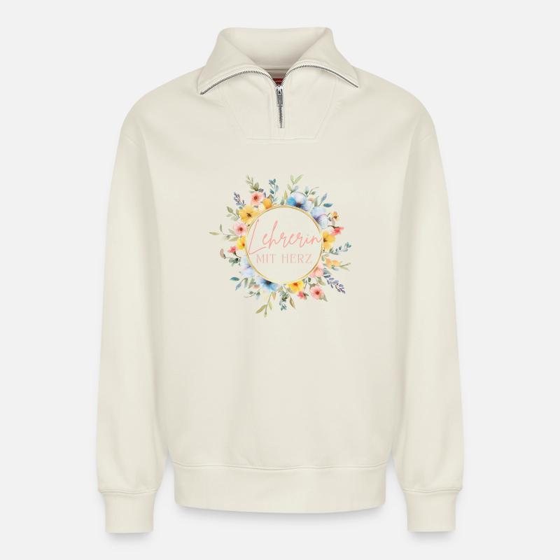 Lehrerin mit Herz! Personalisierbares Design - Relaxed Unisex Organic Half Zip Sweatshirt – von SPREAD - Naturweiß