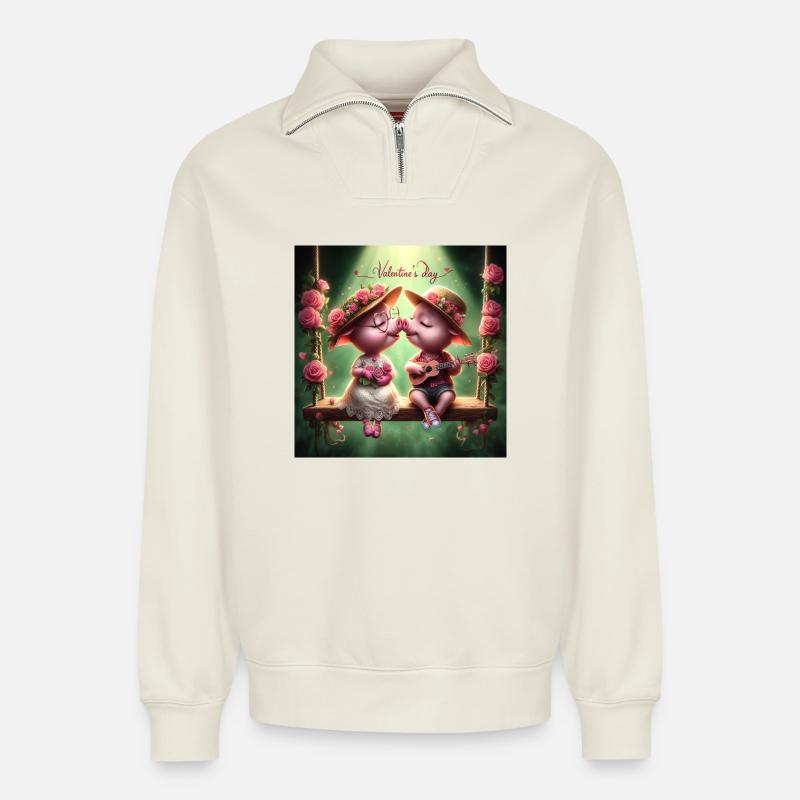 Saint Valentin - Sweat unisexe décontracté en coton biologique à demi-zip – de SPREAD - blanc cassé