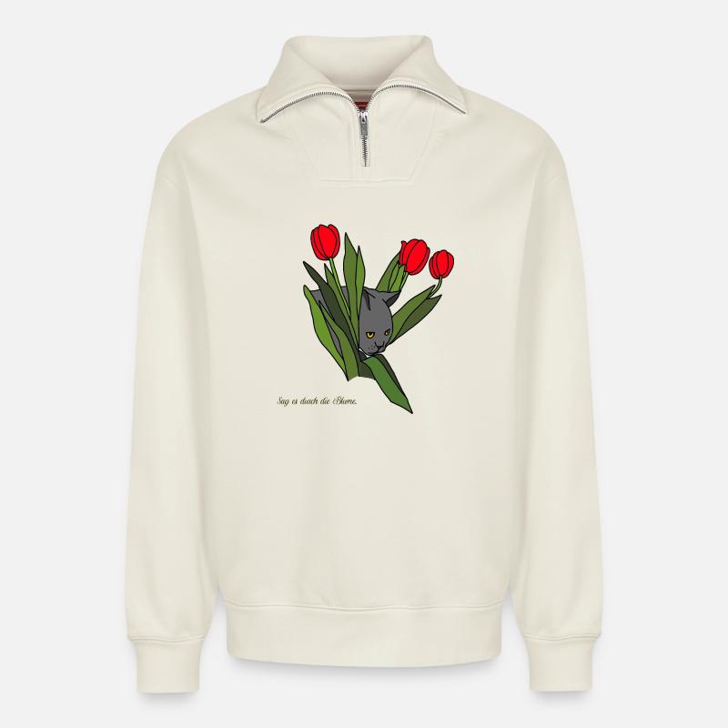 Cat between tulips - Relaxed Unisex Organic Half Zip Sweatshirt – by SPREAD - off white