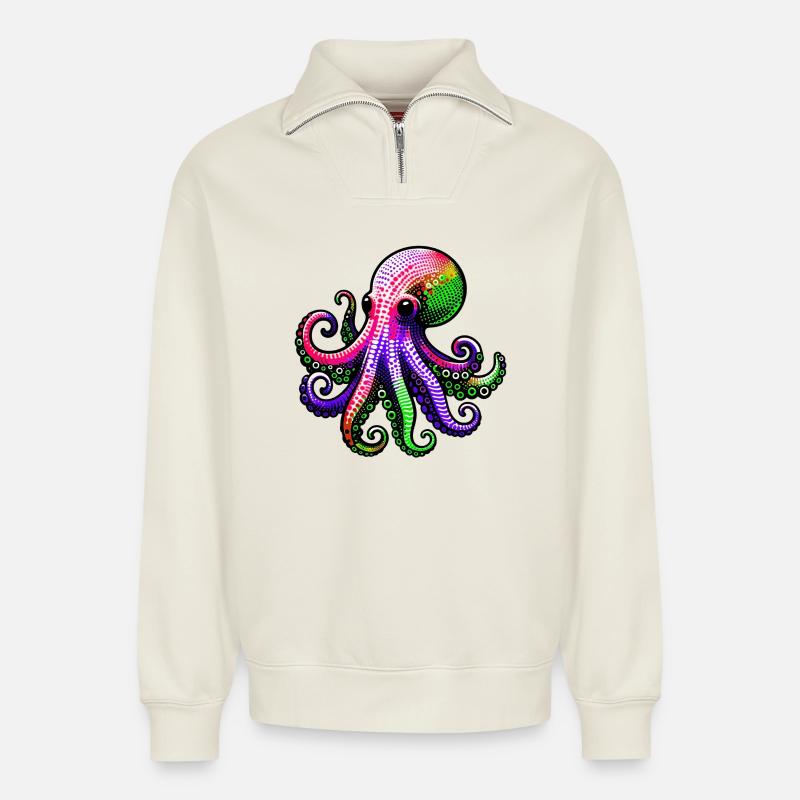 Octopus - Relaxed Unisex Organic Half Zip Sweatshirt – by SPREAD - off white