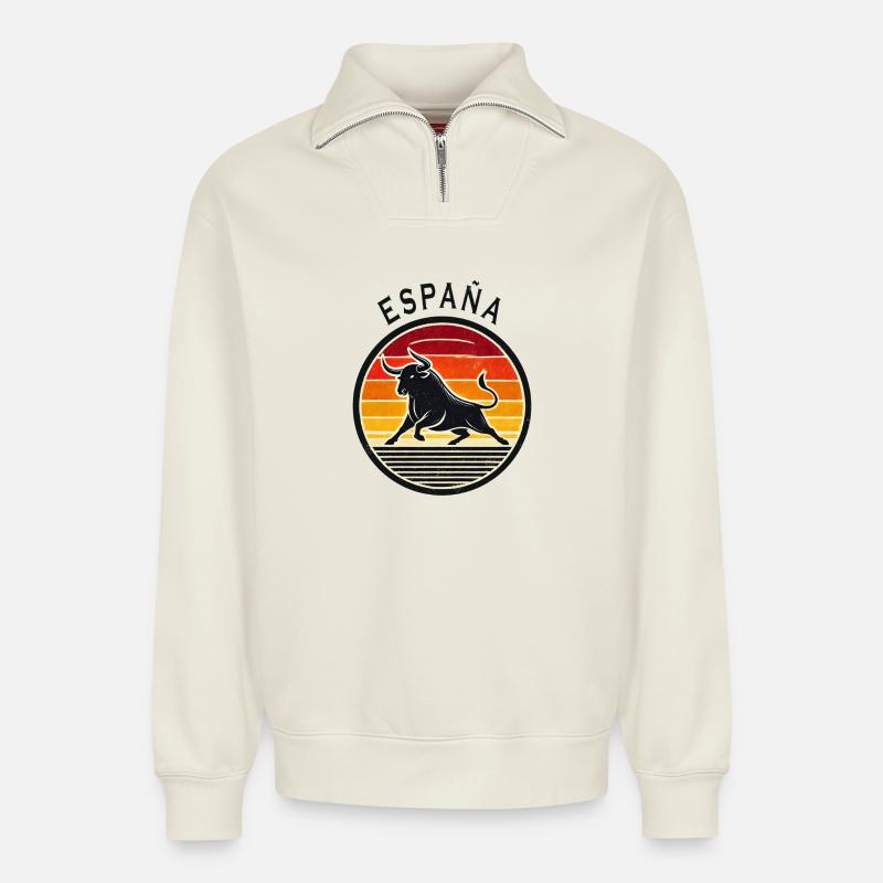Spanien España Stier Design - Relaxed Unisex Organic Half Zip Sweatshirt – von SPREAD - Naturweiß