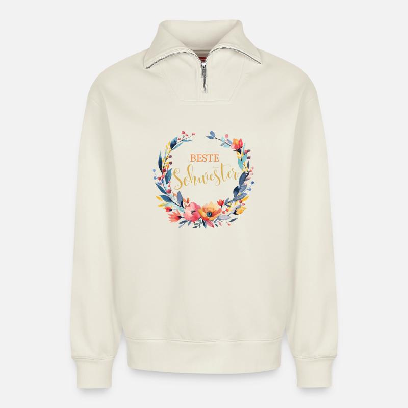 Beste Schwester! Personalisierbares Design - Relaxed Unisex Organic Half Zip Sweatshirt – von SPREAD - Naturweiß