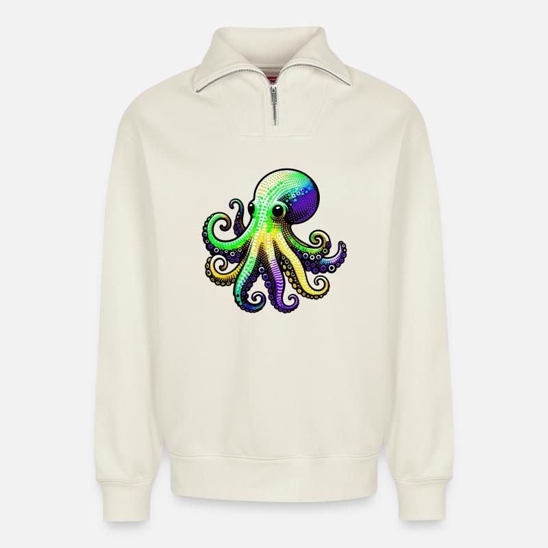Pieuvre - Sweat unisexe décontracté en coton biologique à demi-zip – de SPREAD - blanc cassé