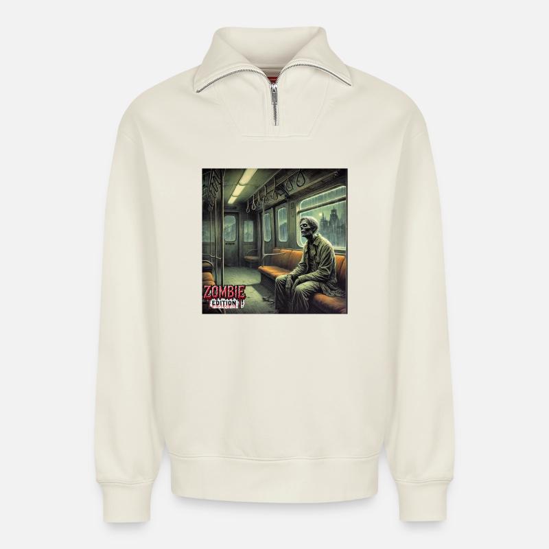 Zombie U Bahn - Relaxed Unisex Organic Half Zip Sweatshirt – von SPREAD - Naturweiß