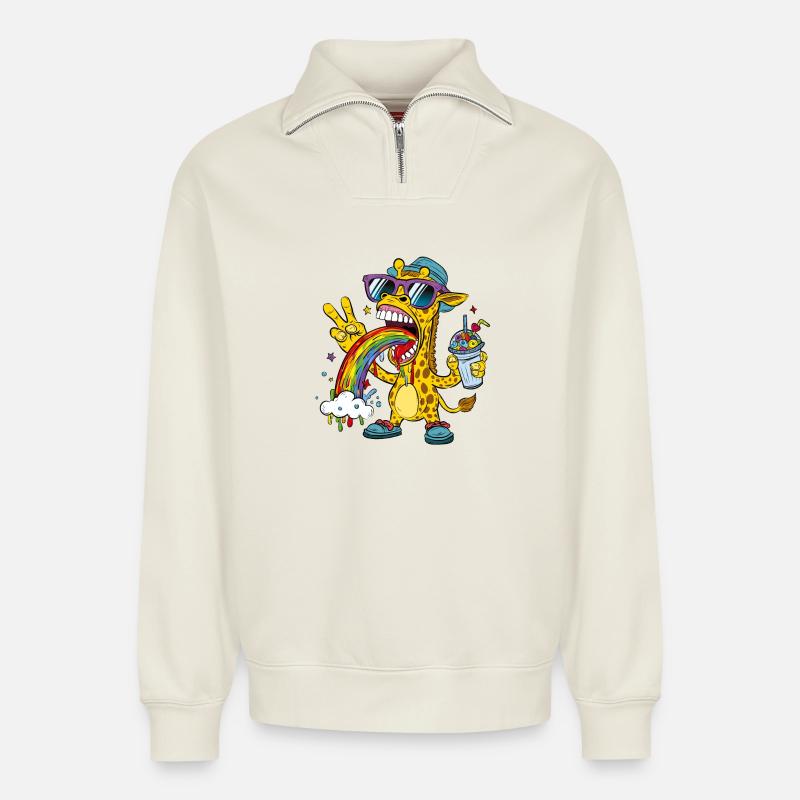 Girafe arc-en-ciel - Sweat unisexe décontracté en coton biologique à demi-zip – de SPREAD - blanc cassé