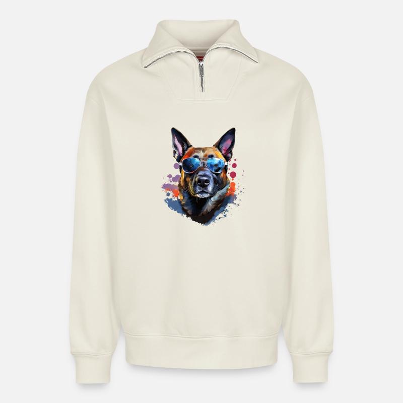 Malinois mit Sonnenbrille - Relaxed Unisex Organic Half Zip Sweatshirt – von SPREAD - Naturweiß