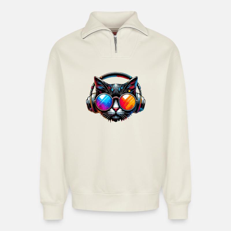 DJ Cat - Chat Disco & Fête - Sweat unisexe décontracté en coton biologique à demi-zip – de SPREAD - blanc cassé