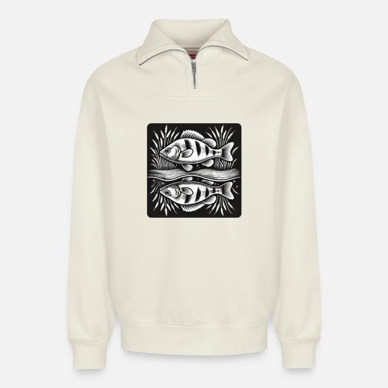 Barsch Fisch Angel Design - Relaxed Unisex Organic Half Zip Sweatshirt – von SPREAD - Naturweiß