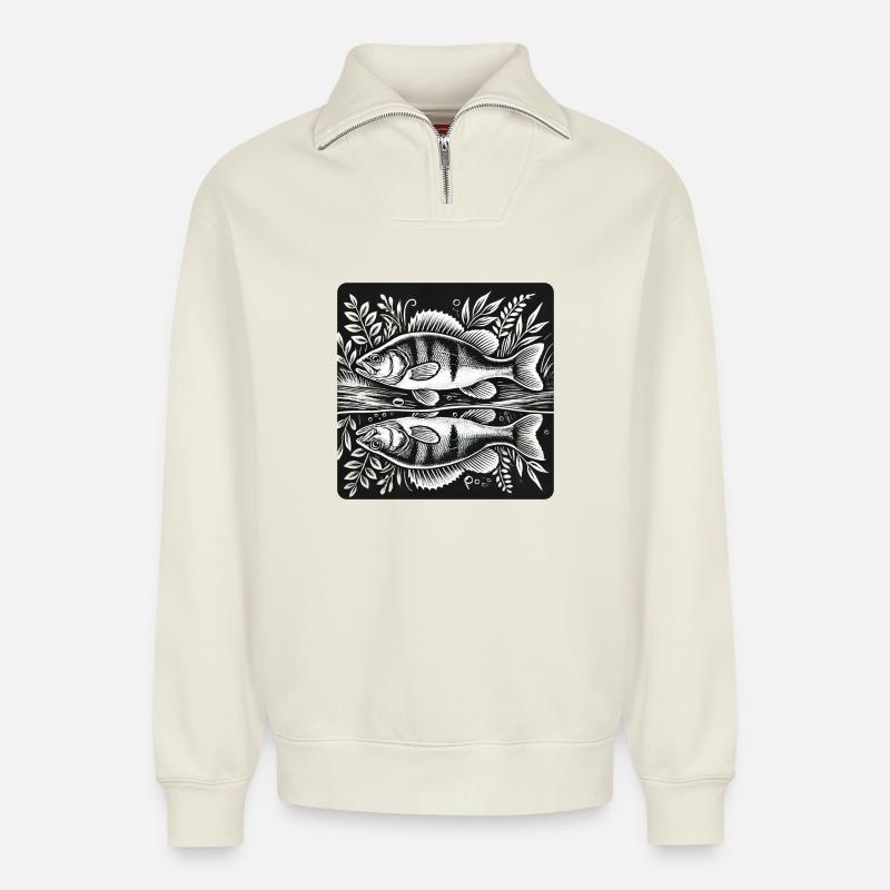 Barsch Angler Silhouette Design - Relaxed Unisex Organic Half Zip Sweatshirt – von SPREAD - Naturweiß