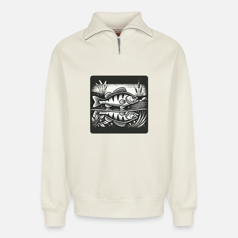 Perch predatory fish design - Relaxed Unisex Organic Half Zip Sweatshirt – by SPREAD - off white