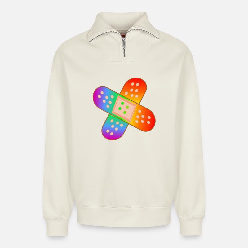 RAINBOW PATCH - Relaxed Unisex Organic Half Zip Sweatshirt – by SPREAD - off white