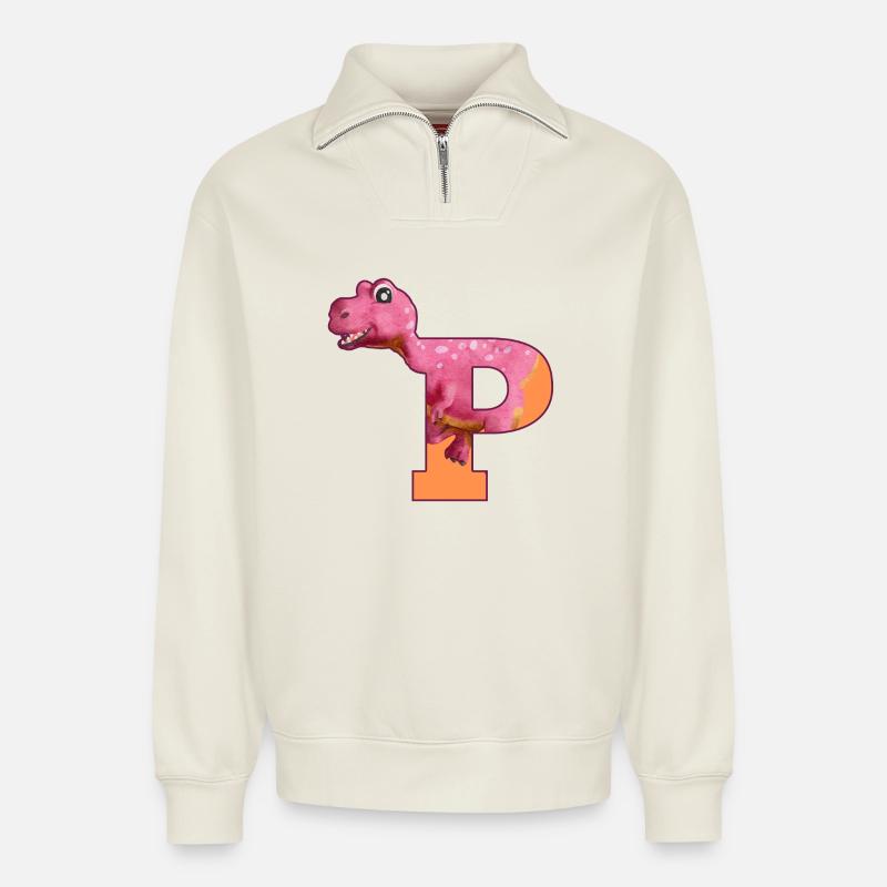 P - DINOSAUR, customizable - Relaxed Unisex Organic Half Zip Sweatshirt – by SPREAD - off white