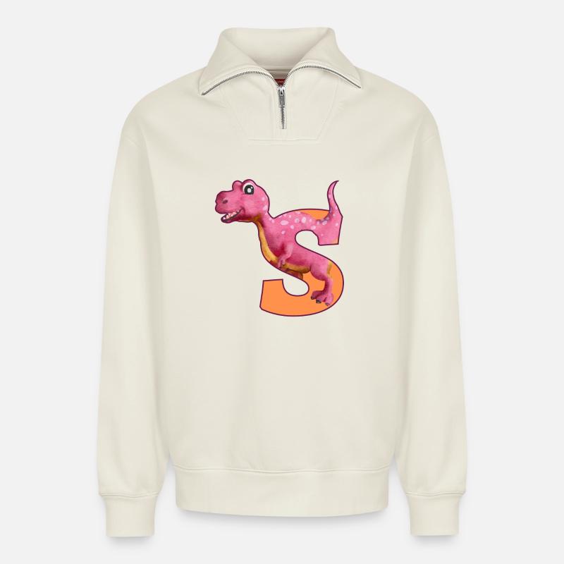 S - DINOSAURIER, Personalisierbar - Relaxed Unisex Organic Half Zip Sweatshirt – von SPREAD - Naturweiß