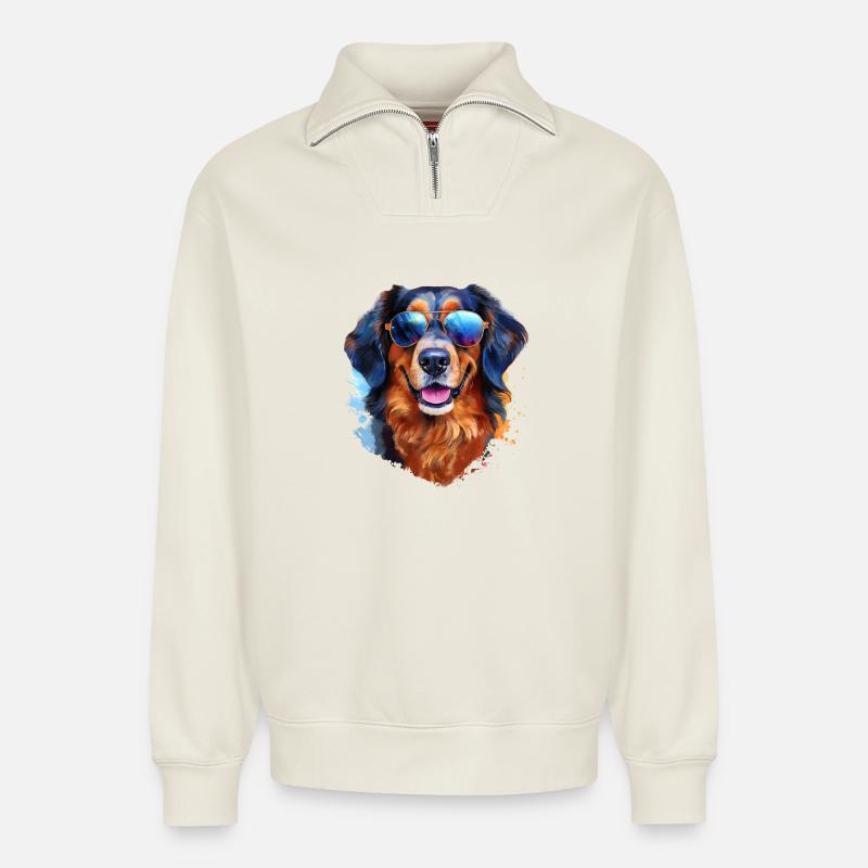 Hovawart mit Sonnenbrille - Relaxed Unisex Organic Half Zip Sweatshirt – von SPREAD - Naturweiß
