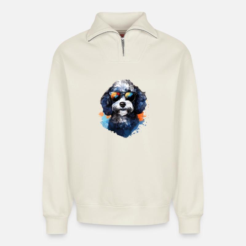 Pudel mit Sonnenbrille - Relaxed Unisex Organic Half Zip Sweatshirt – von SPREAD - Naturweiß