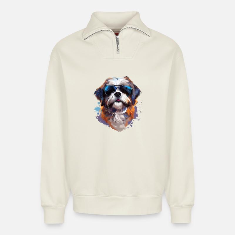 Shi Tsu mit Sonnenbrille - Relaxed Unisex Organic Half Zip Sweatshirt – von SPREAD - Naturweiß