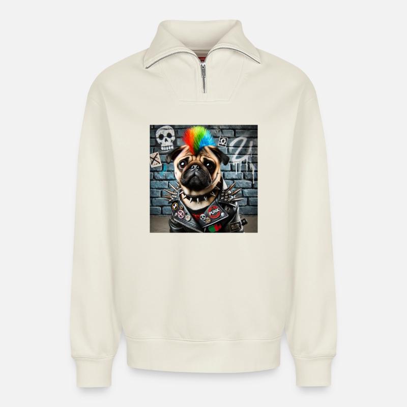 Punk Mops mit Regenbogenmähne - Relaxed Unisex Organic Half Zip Sweatshirt – von SPREAD - Naturweiß