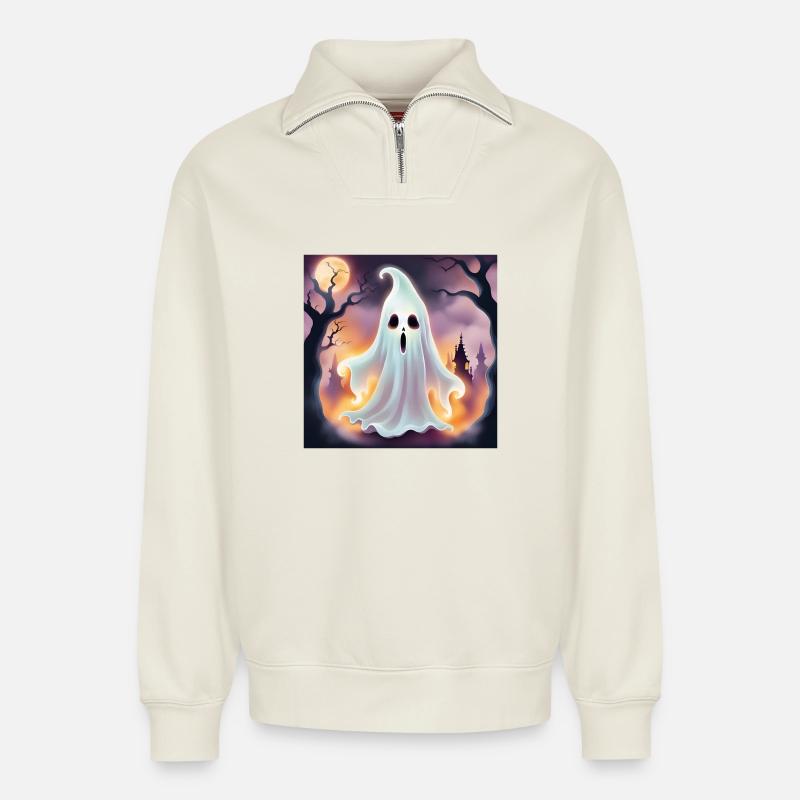 Geist, Halloween, Schrecken - Relaxed Unisex Organic Half Zip Sweatshirt – von SPREAD - Naturweiß