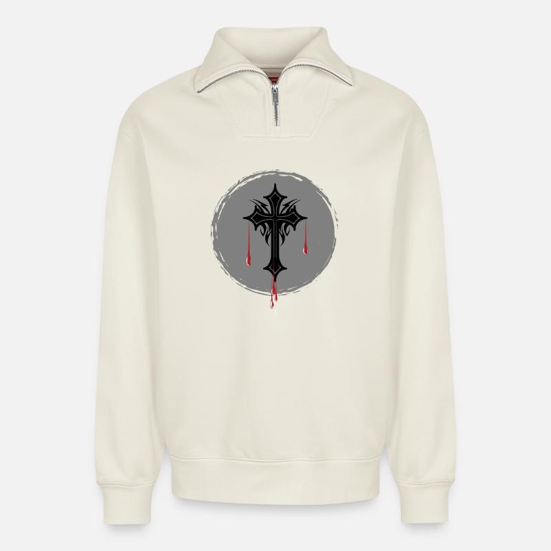 Croix gothique - Sweat unisexe décontracté en coton biologique à demi-zip – de SPREAD - blanc cassé