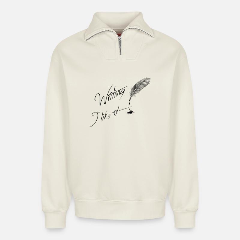 Writing i like it - Sweat unisexe décontracté en coton biologique à demi-zip – de SPREAD - blanc cassé
