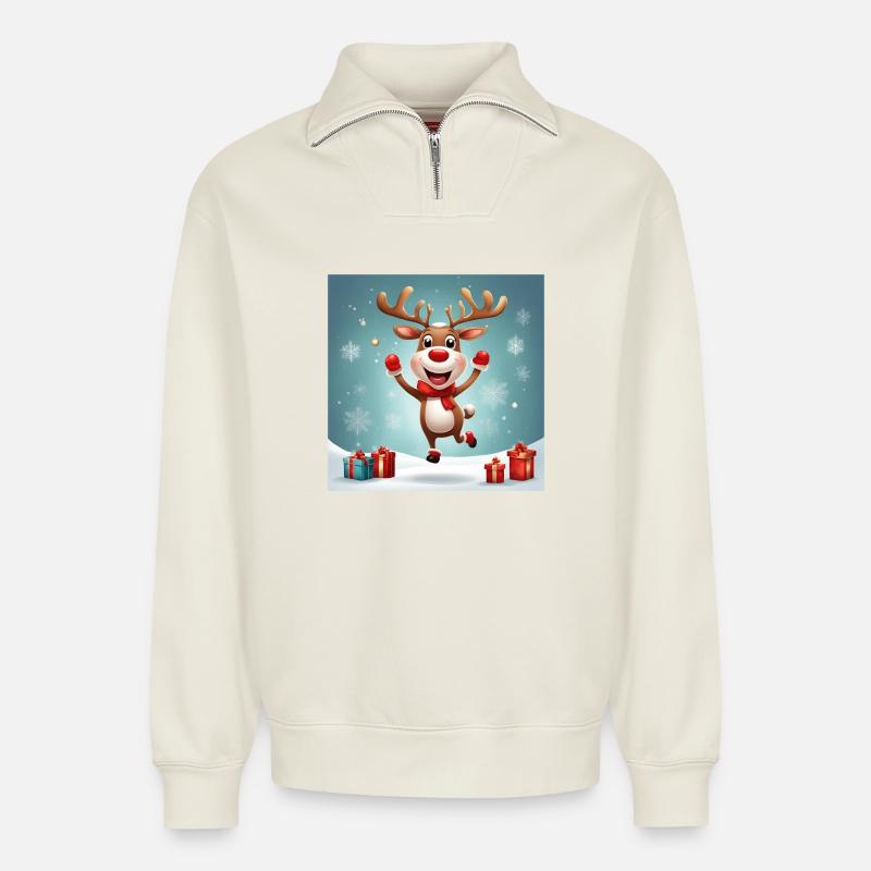 joyeux Noël, joyeuses fêtes; rennes - Sweat unisexe décontracté en coton biologique à demi-zip – de SPREAD - blanc cassé
