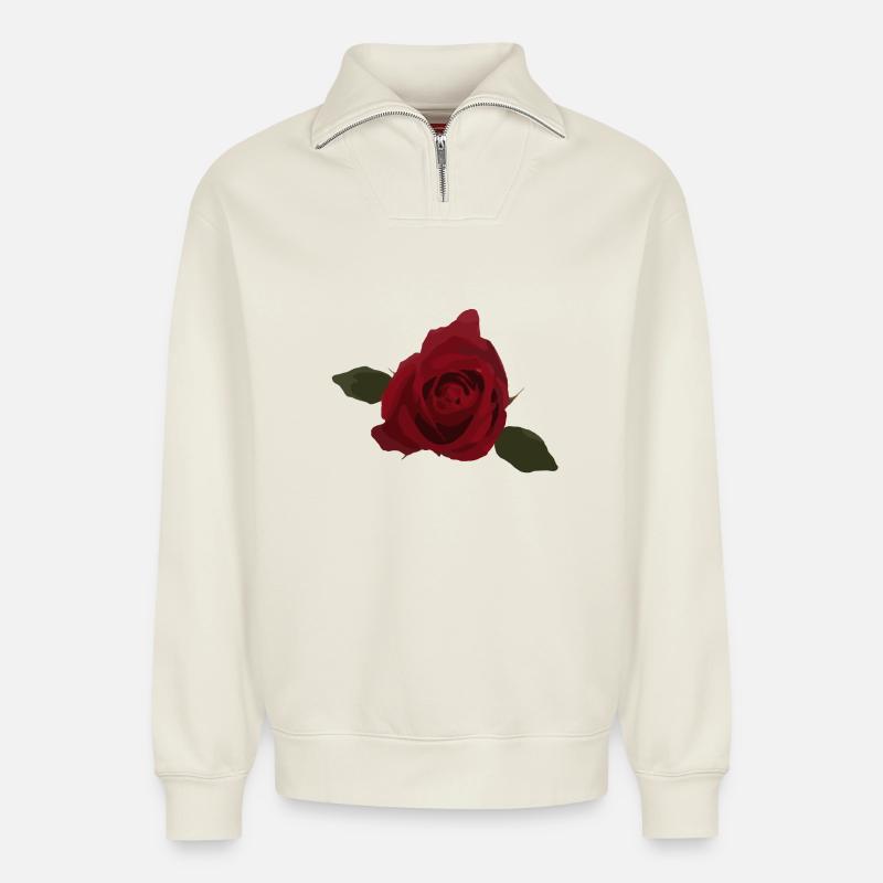 Rote Rose, Blume, Draufsicht - Relaxed Unisex Organic Half Zip Sweatshirt – von SPREAD - Naturweiß