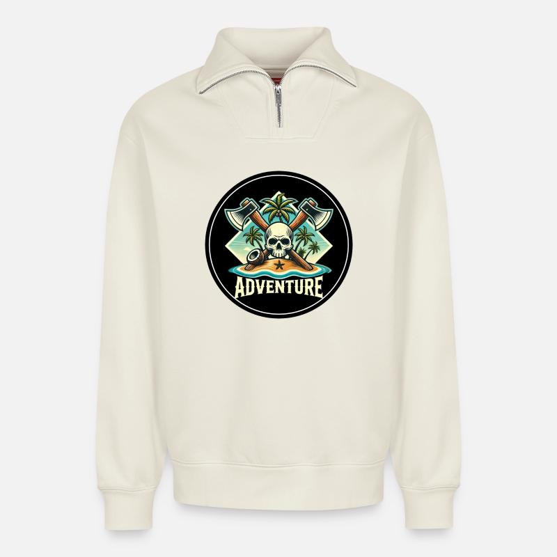 Abenteuer Skull Insel Patch - Relaxed Unisex Organic Half Zip Sweatshirt – von SPREAD - Naturweiß