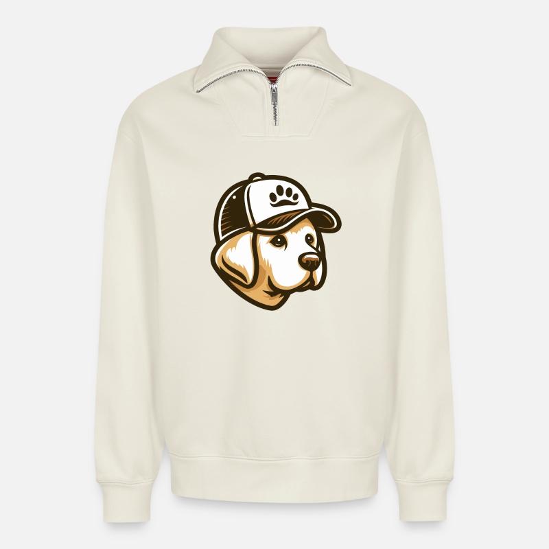 Labradorkopf mit Kappe - Relaxed Unisex Organic Half Zip Sweatshirt – von SPREAD - Naturweiß