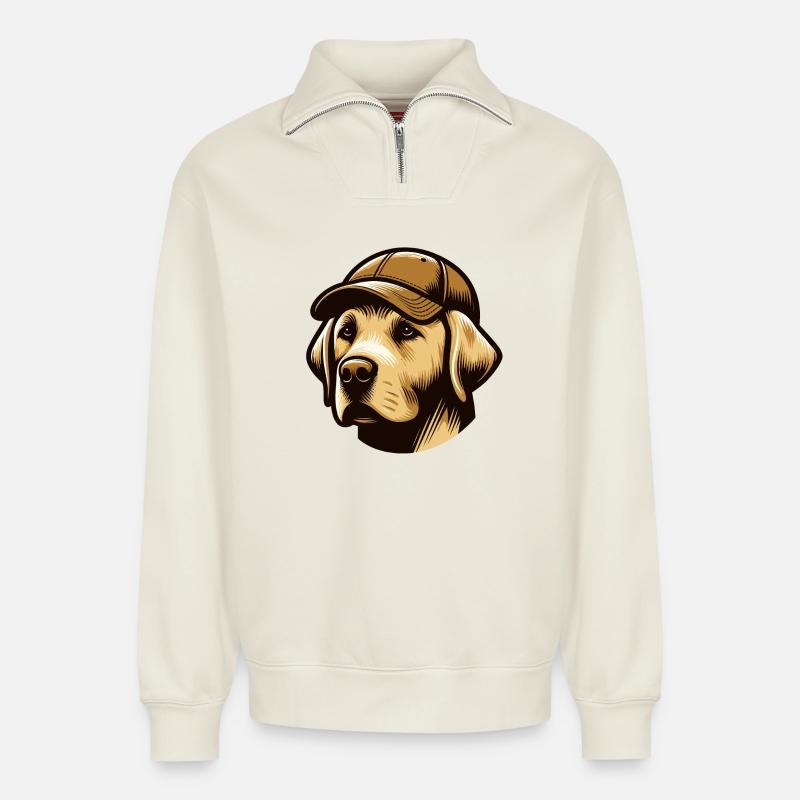 Labrador avec casquette - Sweat unisexe décontracté en coton biologique à demi-zip – de SPREAD - blanc cassé
