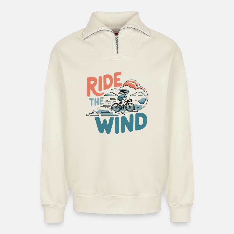 Fahren Sie mit dem Wind-Radfahrer - Relaxed Unisex Organic Half Zip Sweatshirt – von SPREAD - Naturweiß
