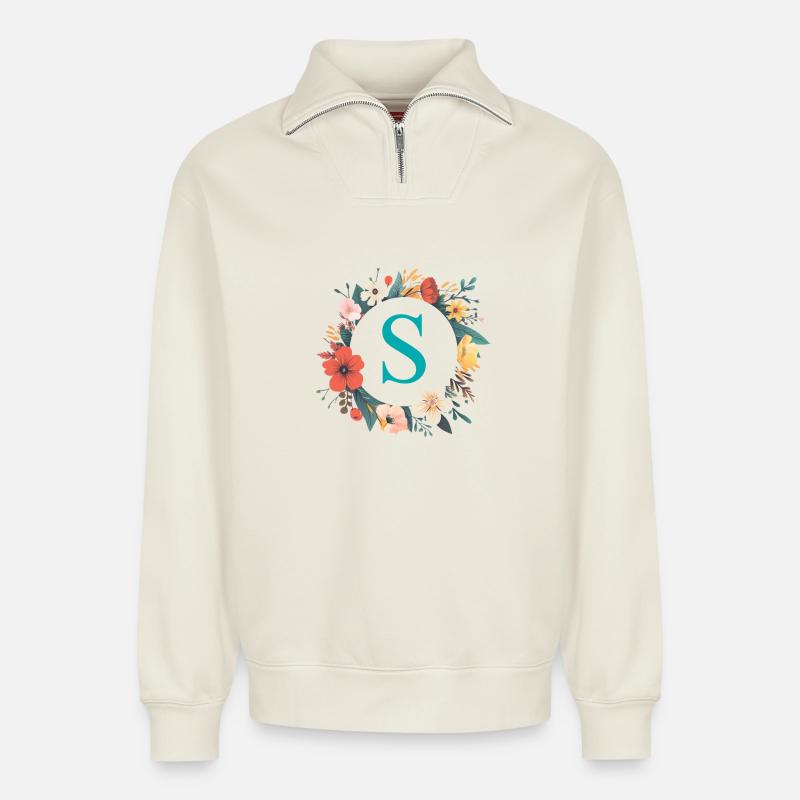 S Monogramm, Blumen-Kranz, personalisierbar - Relaxed Unisex Organic Half Zip Sweatshirt – von SPREAD - Naturweiß