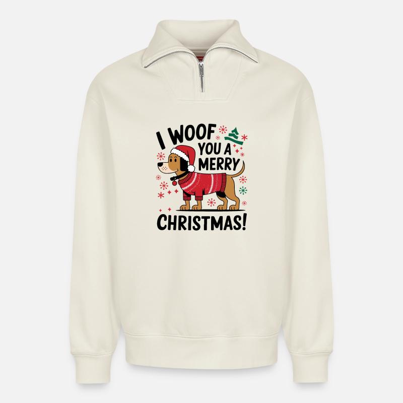 Festlicher Hund im Weihnachtspullover - Relaxed Unisex Organic Half Zip Sweatshirt – von SPREAD - Naturweiß