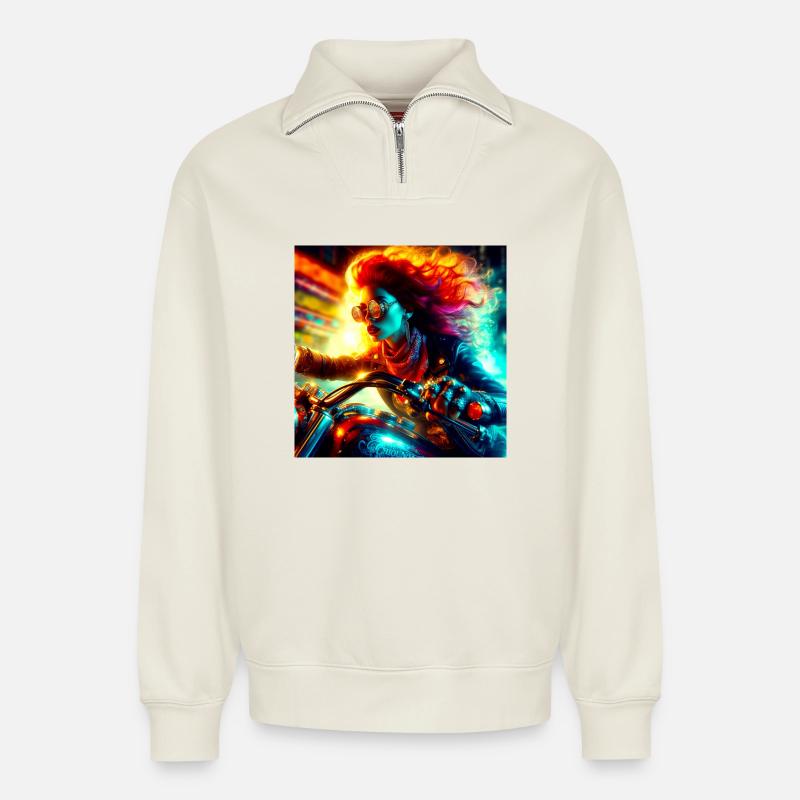 Cyberpunk Moto - Relaxed Unisex Organic Half Zip Sweatshirt – by SPREAD - off white