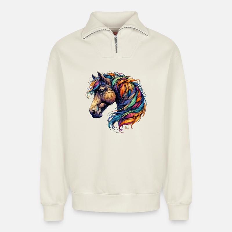 Cheval - Sweat unisexe décontracté en coton biologique à demi-zip – de SPREAD - blanc cassé