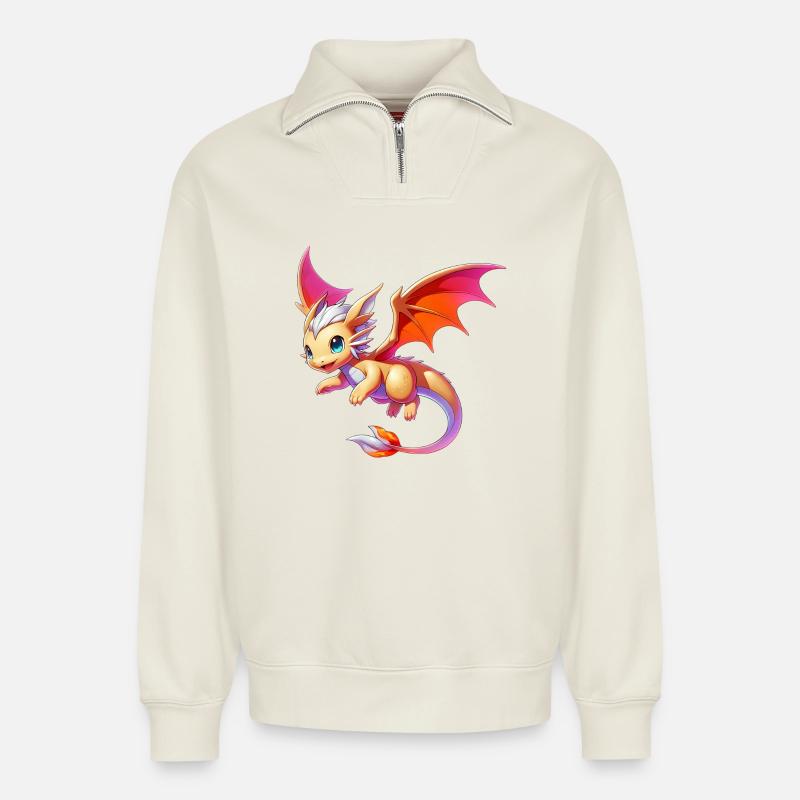 Drache - Relaxed Unisex Organic Half Zip Sweatshirt – von SPREAD - Naturweiß