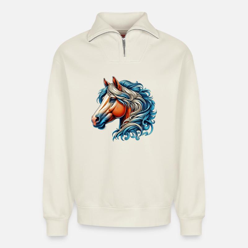 Cheval - Sweat unisexe décontracté en coton biologique à demi-zip – de SPREAD - blanc cassé