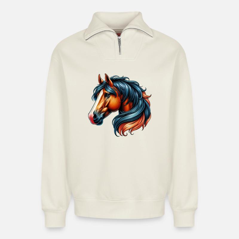 Cheval - Sweat unisexe décontracté en coton biologique à demi-zip – de SPREAD - blanc cassé