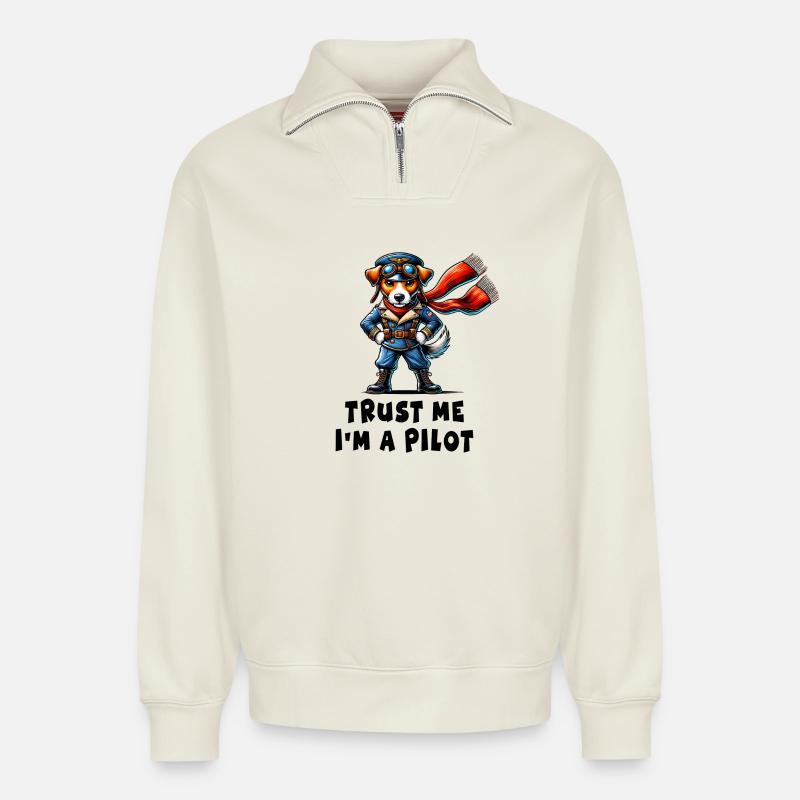 Pilote Jack Russell Terrier - Sweat unisexe décontracté en coton biologique à demi-zip – de SPREAD - blanc cassé