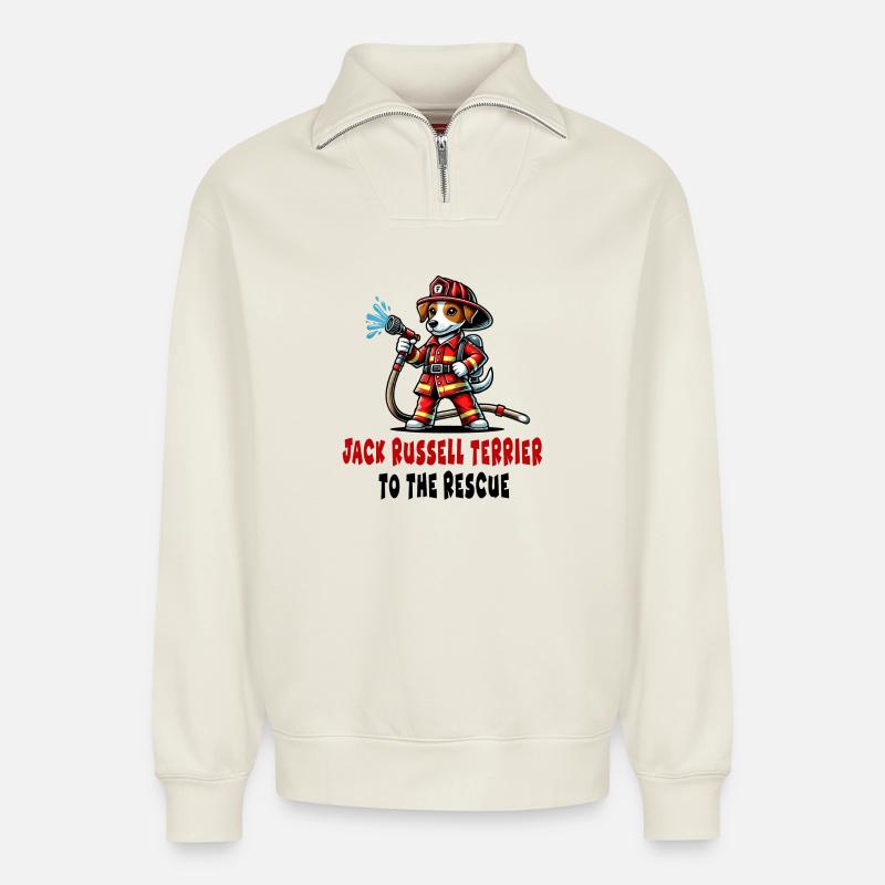 Pompier Jack Russell Terrier - Sweat unisexe décontracté en coton biologique à demi-zip – de SPREAD - blanc cassé