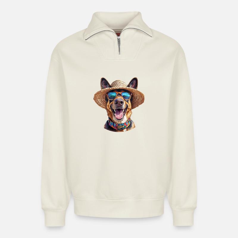 Deutscher Schäferhund mit Strohhut & Sonnenbrille - Relaxed Unisex Organic Half Zip Sweatshirt – von SPREAD - Naturweiß