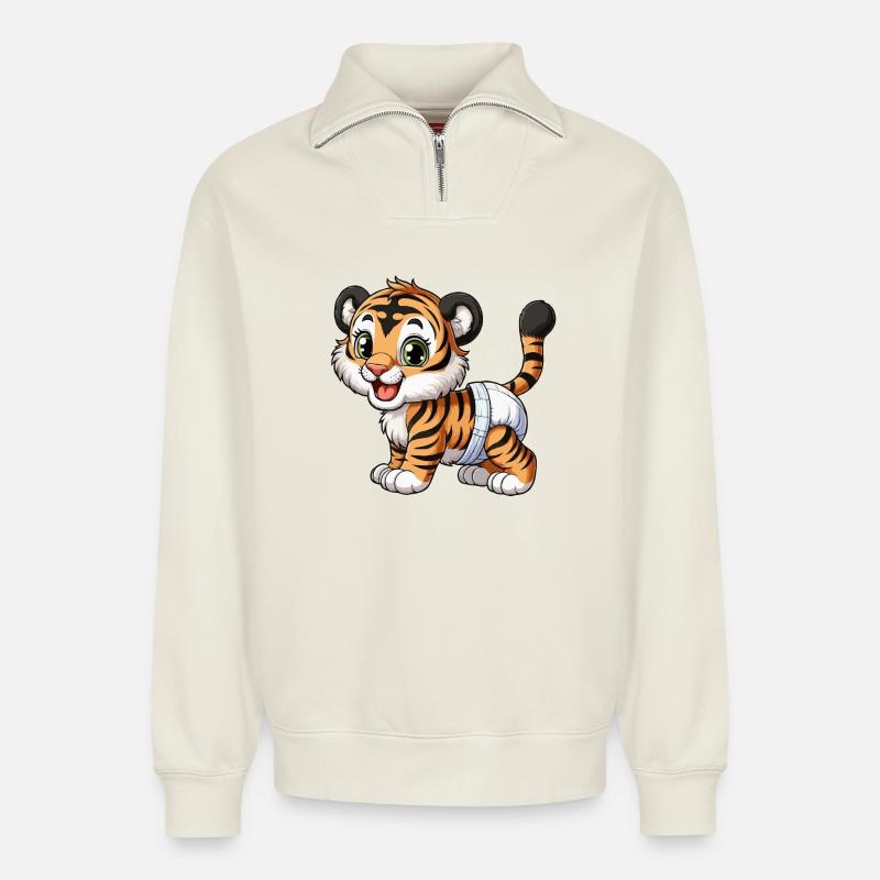 Baby Tiger mit Windel - Relaxed Unisex Organic Half Zip Sweatshirt – von SPREAD - Naturweiß