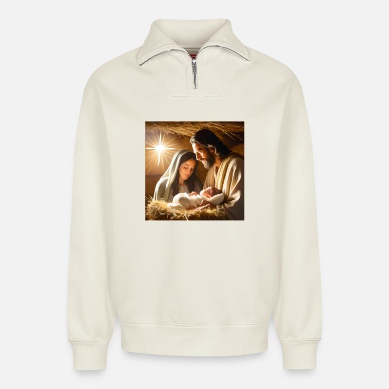Jesus, Katholik, Jesus Christus - Relaxed Unisex Organic Half Zip Sweatshirt – von SPREAD - Naturweiß