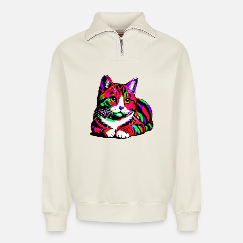 Chat - Sweat unisexe décontracté en coton biologique à demi-zip – de SPREAD - blanc cassé