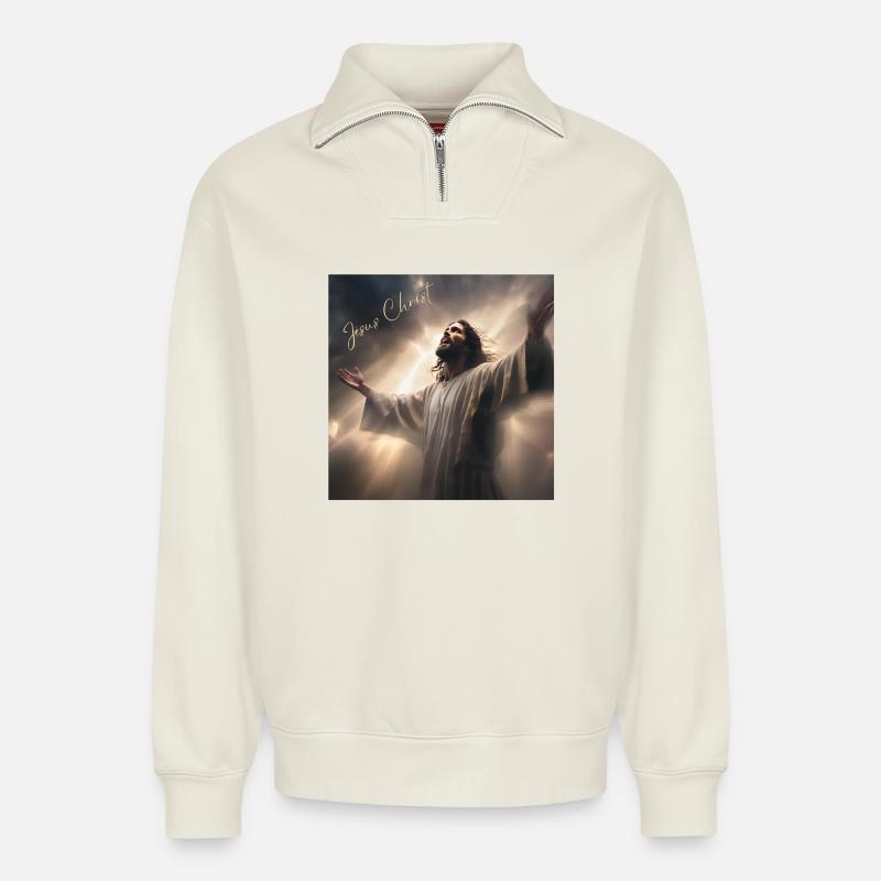 Jesus Christus, katholisch, religiös - Relaxed Unisex Organic Half Zip Sweatshirt – von SPREAD - Naturweiß