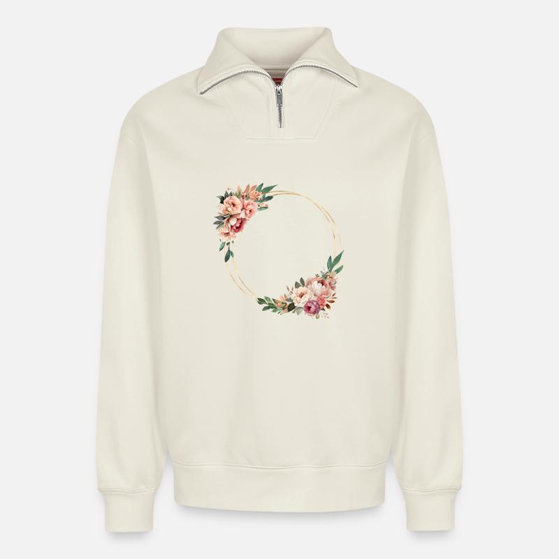 Rustic flower wreath, customizable - Relaxed Unisex Organic Half Zip Sweatshirt – by SPREAD - off white