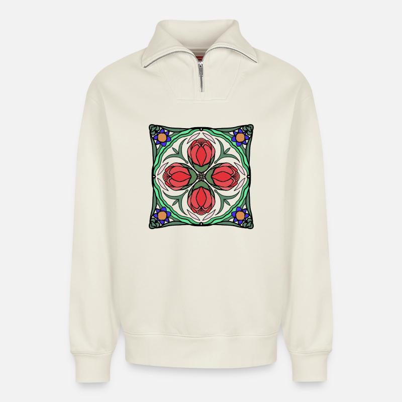 Art Déco Blüten Mandala - Relaxed Unisex Organic Half Zip Sweatshirt – von SPREAD - Naturweiß