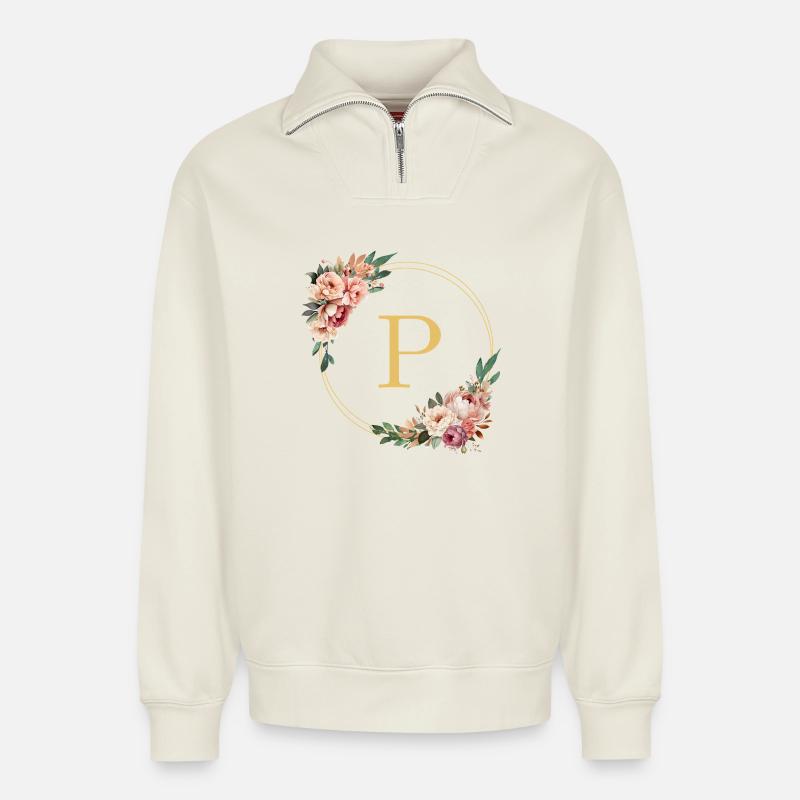 P Monogramm, Blumen-Kranz, personalisierbar - Relaxed Unisex Organic Half Zip Sweatshirt – von SPREAD - Naturweiß