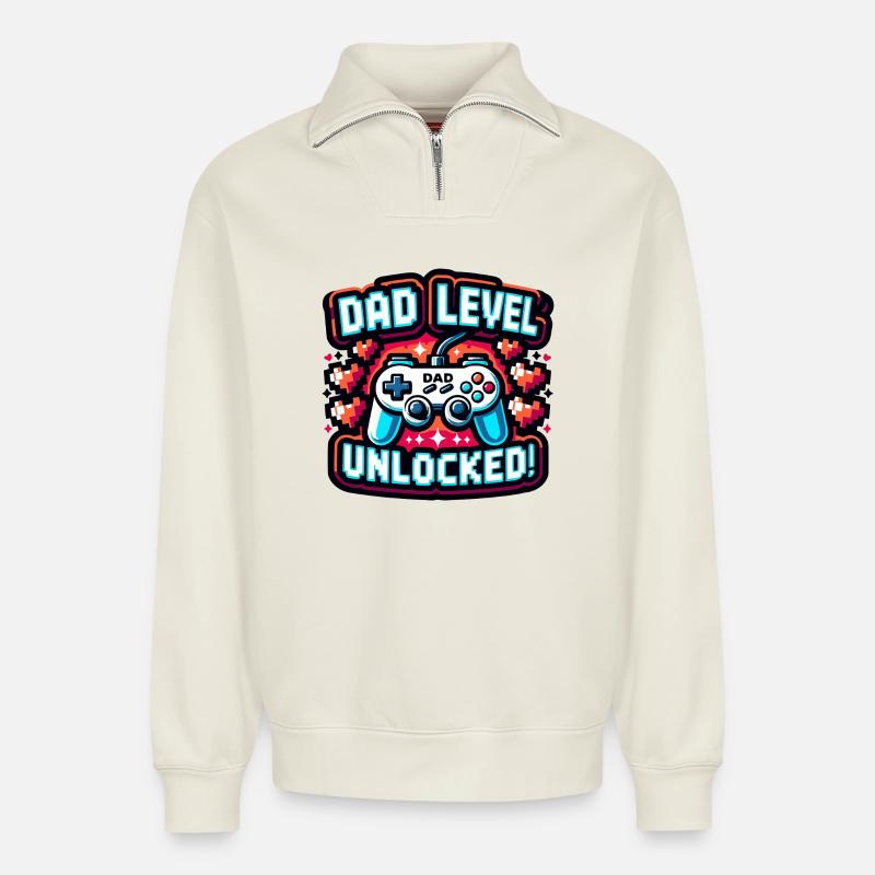 Gaming Design - Dad Level Unlocked - Relaxed Unisex Organic Half Zip Sweatshirt – von SPREAD - Naturweiß